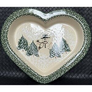 Patton Stoneware Pottery Heart Shaped Dish Snowman Green Splatter Christmas